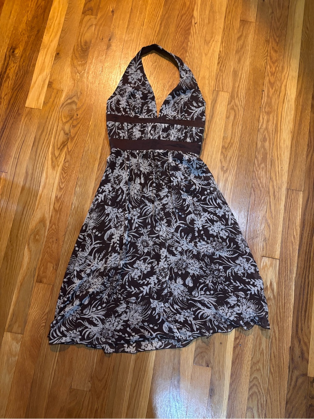 BCBG Brown and Cream Halter Floral Midi Dress